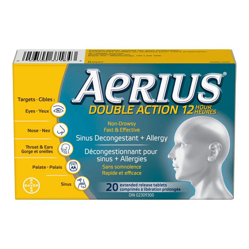 Aerius Double Action 12 Hour Sinus Decongestant + Allergy - 20 extended release tablets