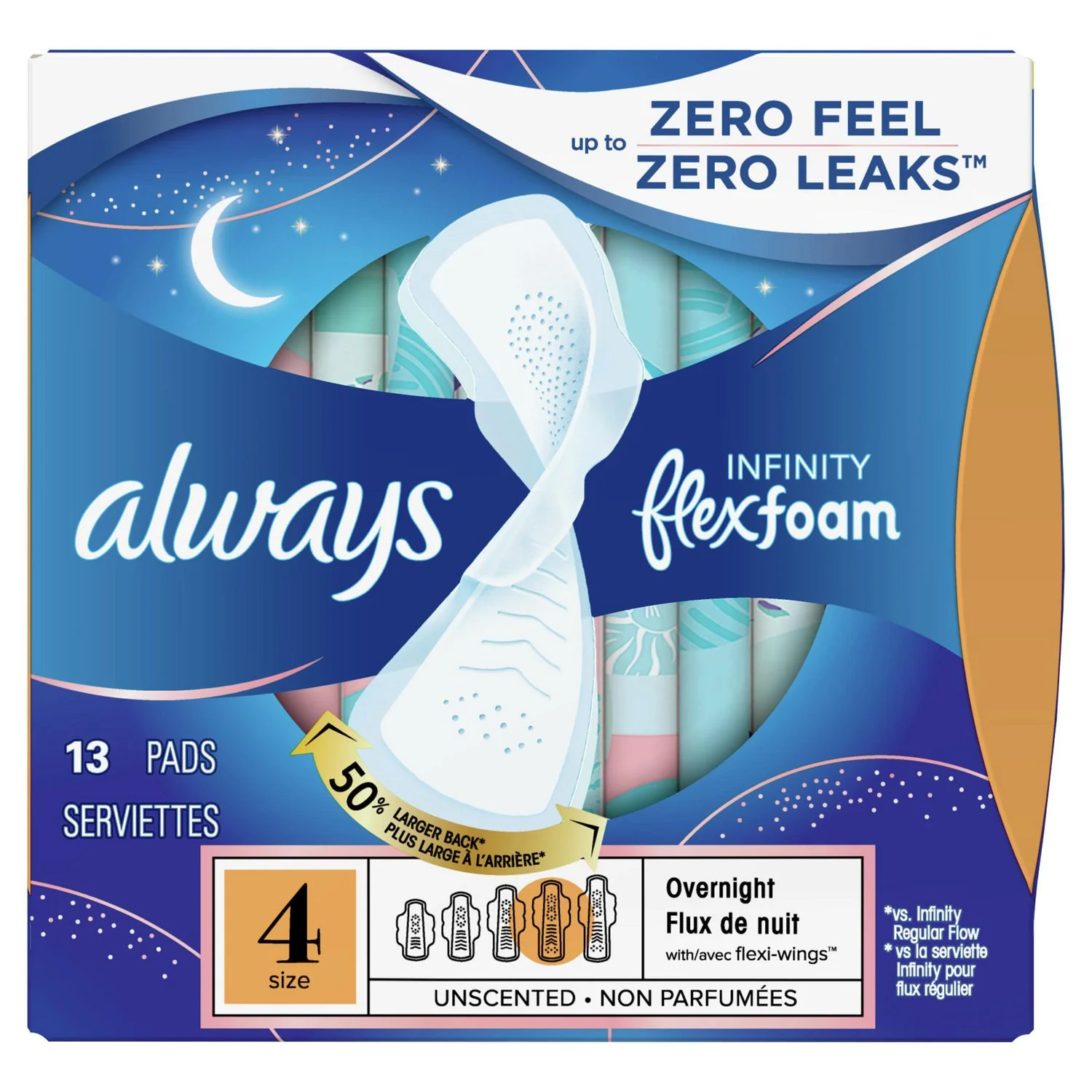 Always Infinity with FlexFoam Size 4 Overnight Pads with Wings, Unscented