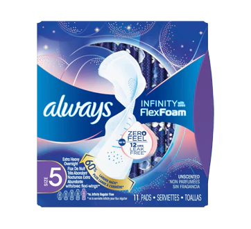 Always Infinity with FlexFoam Size 5 Extra Heavy Overnight Pads with Wings, Unscented