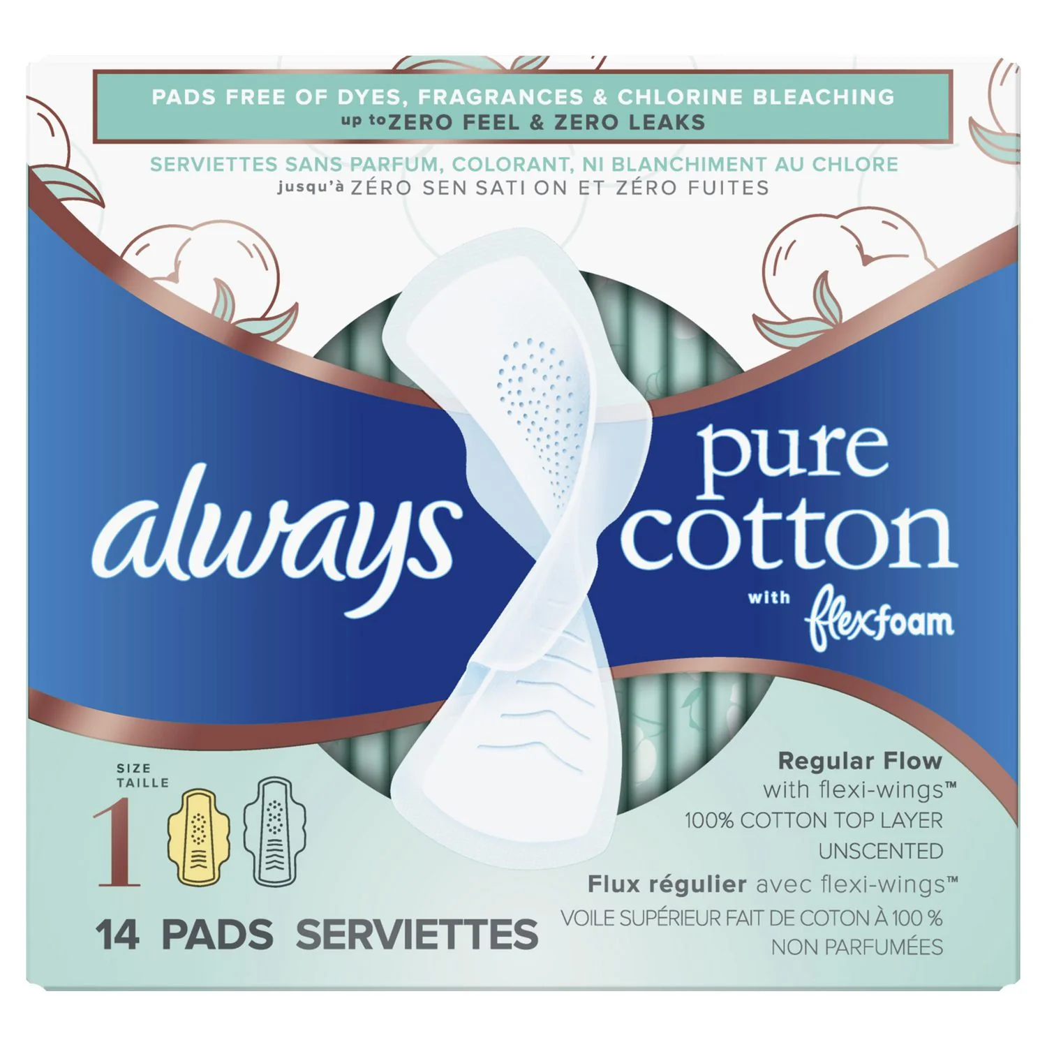 Always Pure Cotton with FlexFoam Size 1 Regular Flow Pads with Wings, Unscented