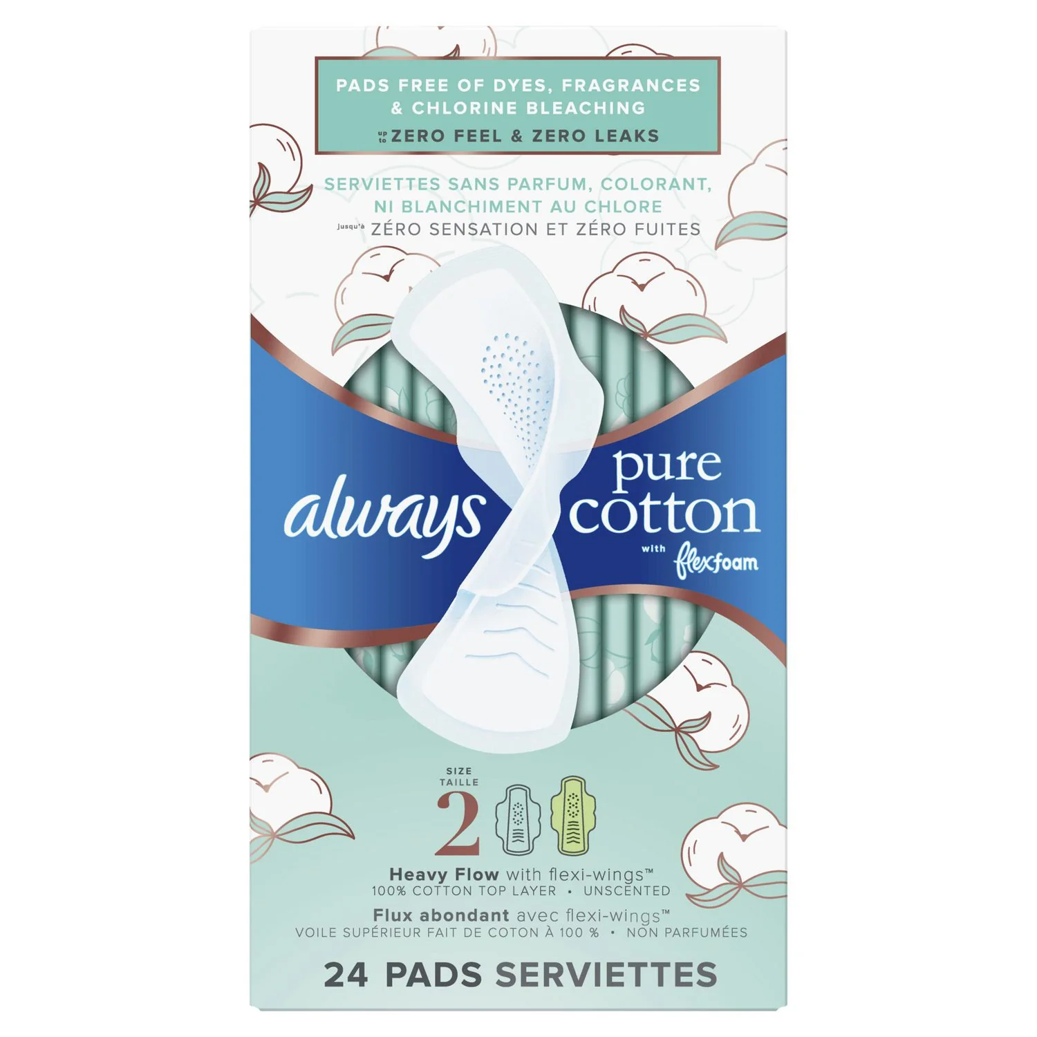Always Pure Cotton with FlexFoam Size 2 Heavy Flow Pads with Wings, Unscented - Image 2
