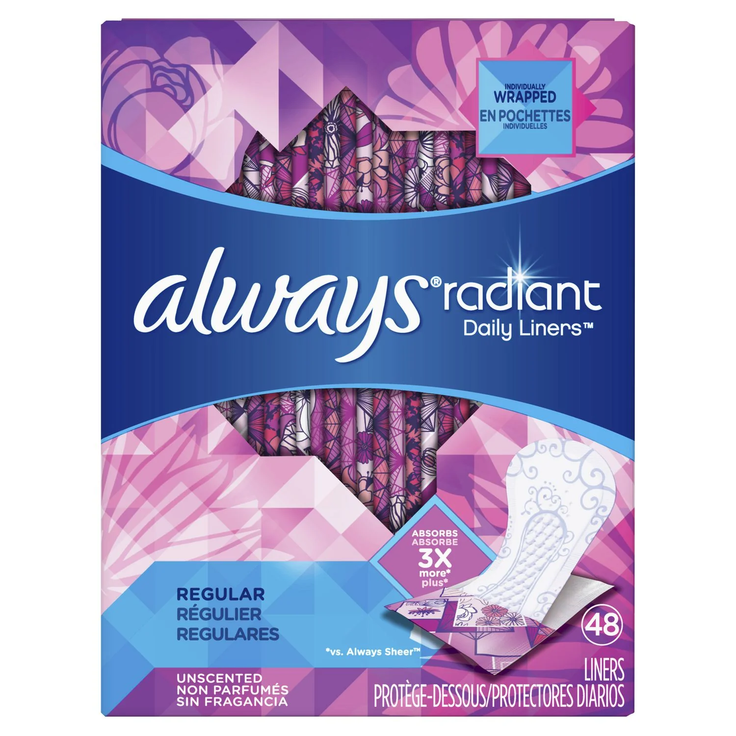 Always Radiant Daily Liners, Regular, Unscented