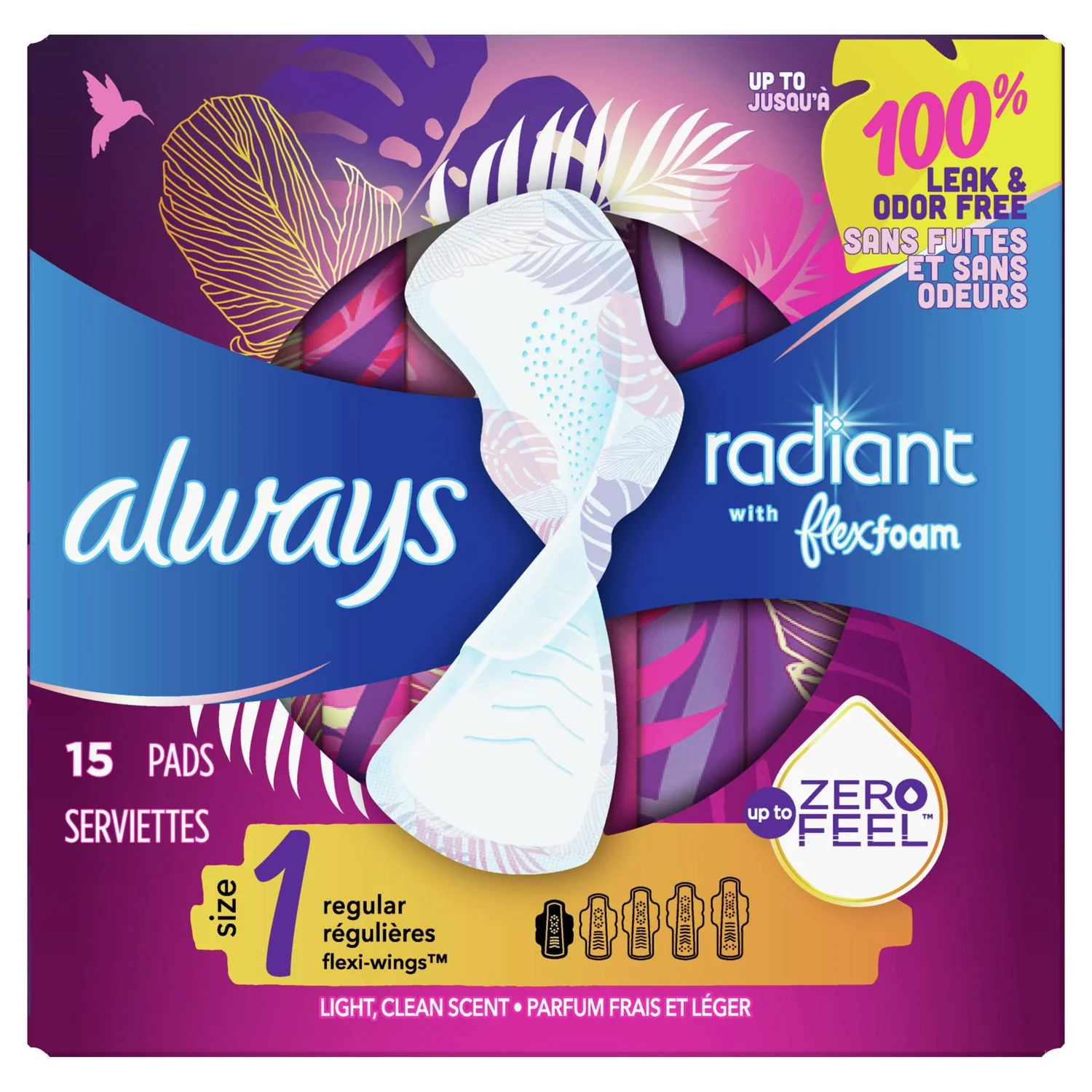 Always Radiant with FlexFoam, Regular Pads with Wings, Light Clean Scent - 15 pads