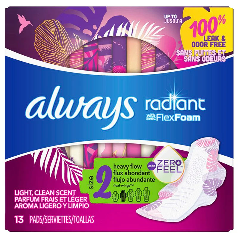 Always Radiant with FlexFoam Size 2, Heavy Flow Pads with Wings, Light Clean Scent