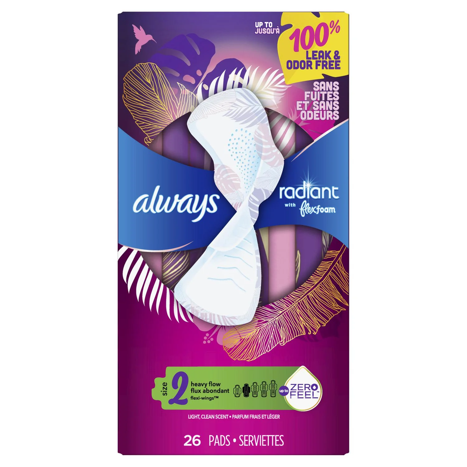 Always Radiant with FlexFoam Size 2, Heavy Flow Pads with Wings, Light Clean Scent - Image 2