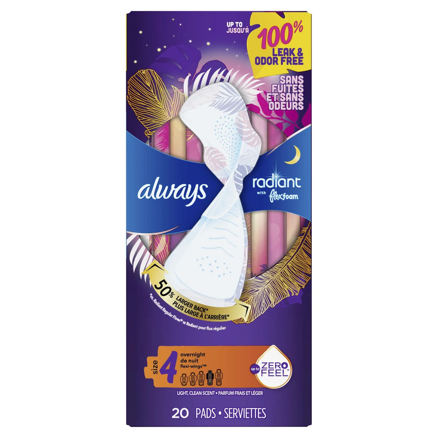 Always Radiant with FlexFoam Size 4, Overnight Pads with Wings, Light, Clean Scent - Image 2