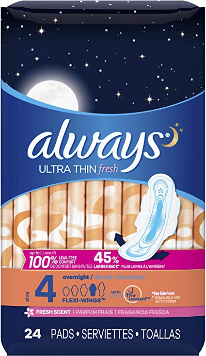 Always Ultra Thin Size 4 Overnight Pads with Wings, Fresh Scent - 24 pads