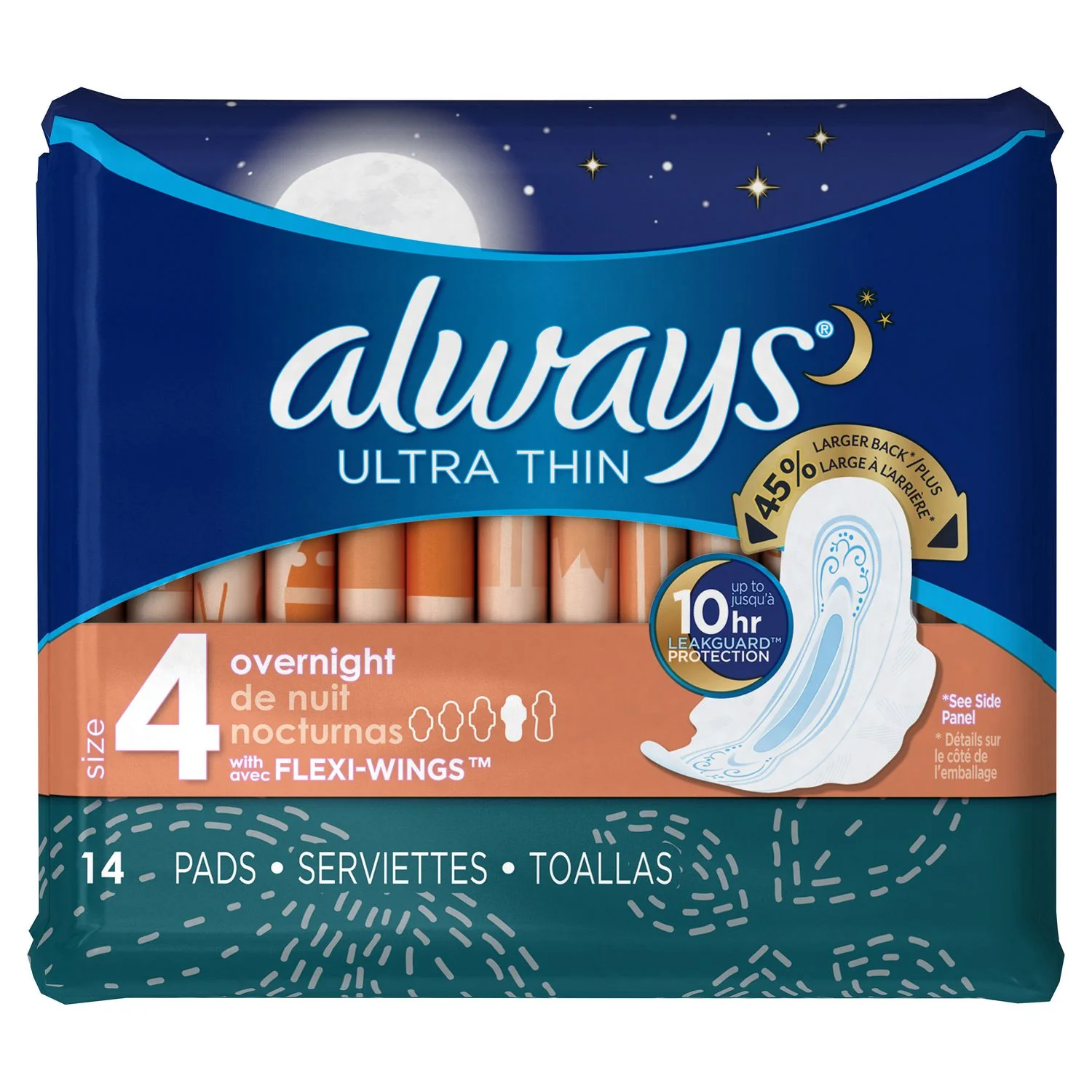 Always Ultra Thin Size 4 Overnight Pads with Wings, Unscented