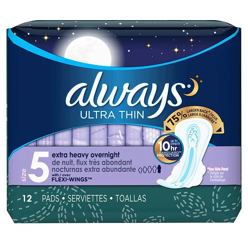 Always Ultra Thin Size 5 Extra Heavy Overnight Pads with Wings, Unscented