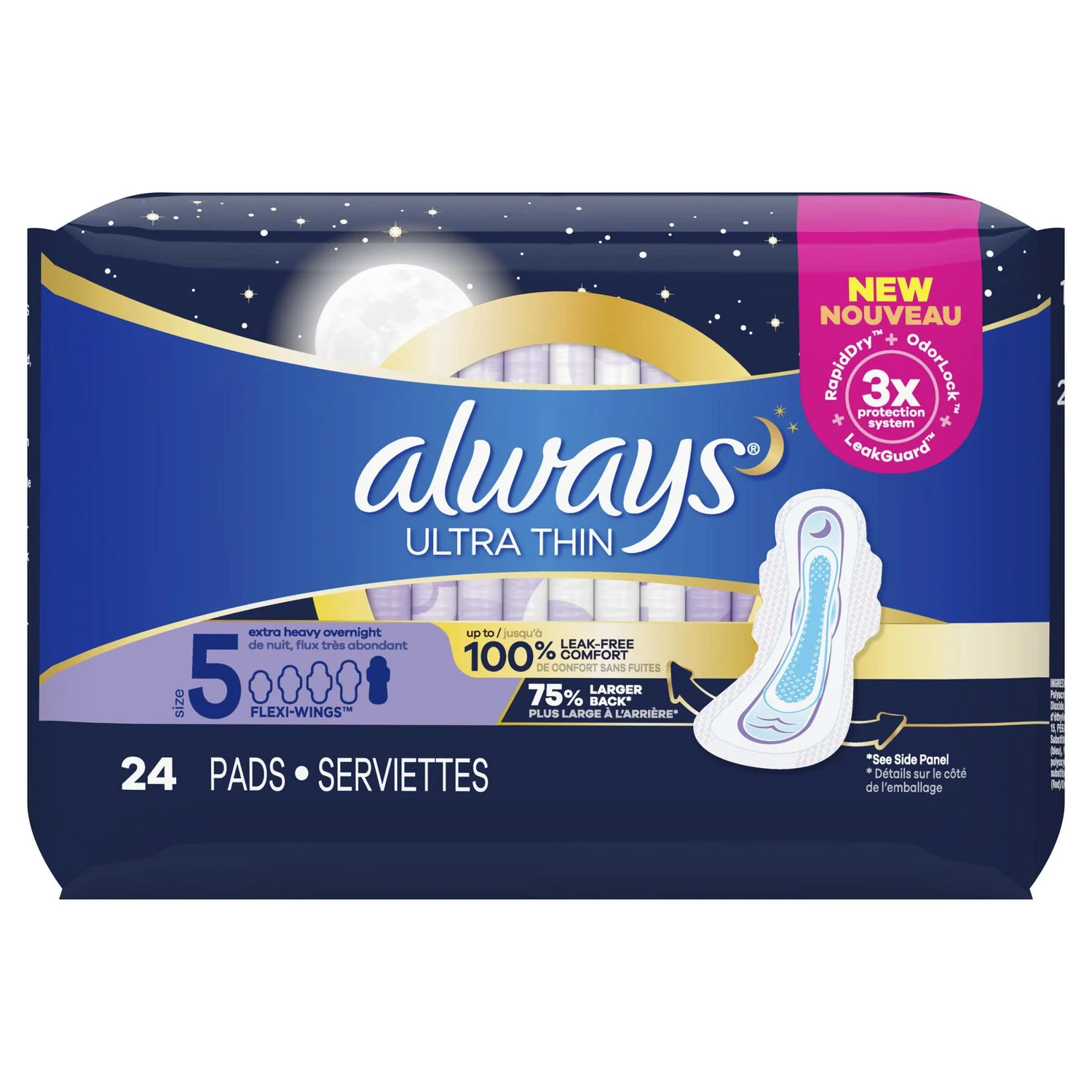 Always Ultra Thin Size 5 Extra Heavy Overnight Pads with Wings, Unscented - Image 2