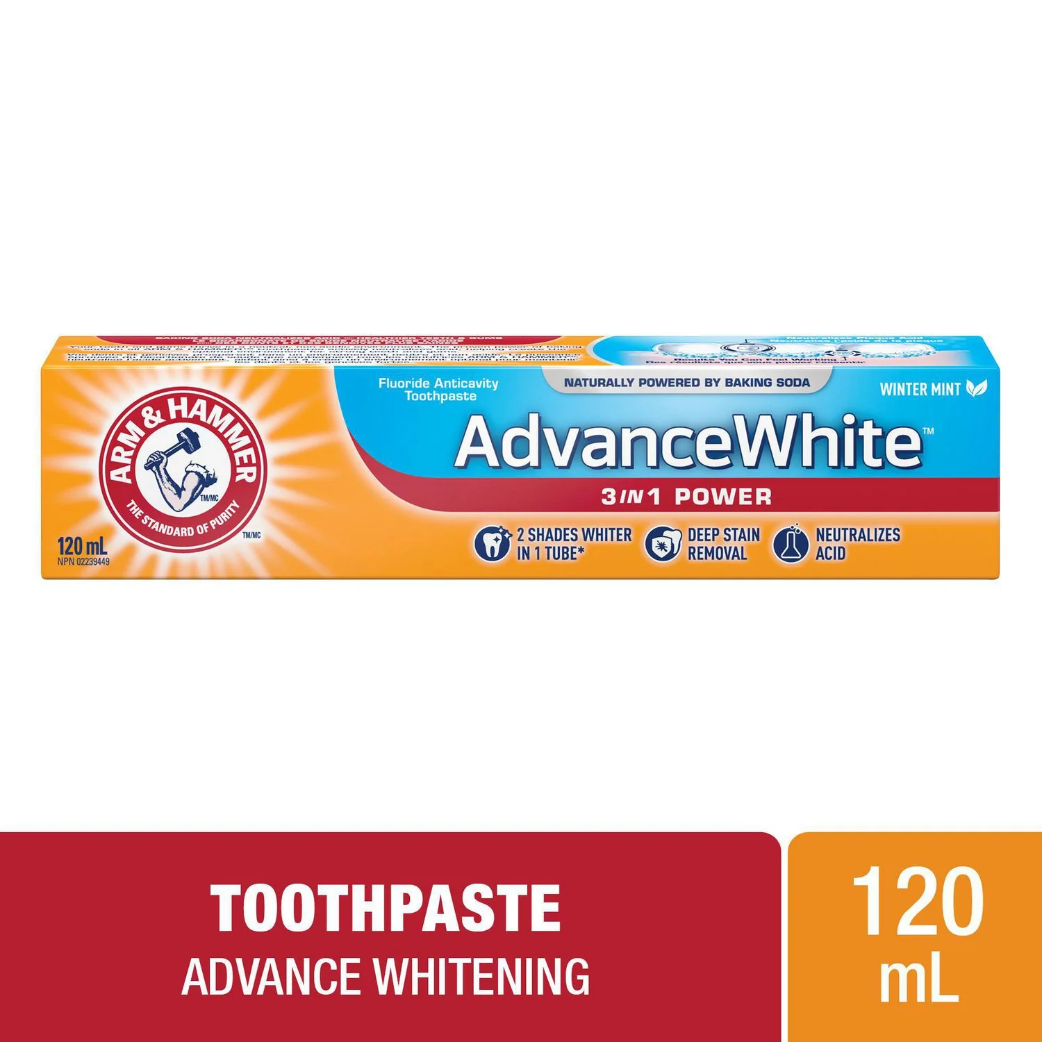 Arm & Hammer Advance White, Fluoride Ainticavity Toothpaste, 3 in 1 Power, Winter Mint - 120 mL