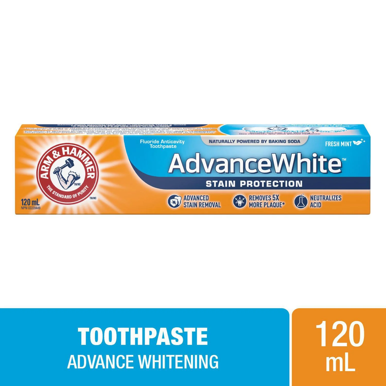 Arm & Hammer Advance White, Stain Protection Fluoride Anticavity Toothpaste, Fresh Mint - 120 mL