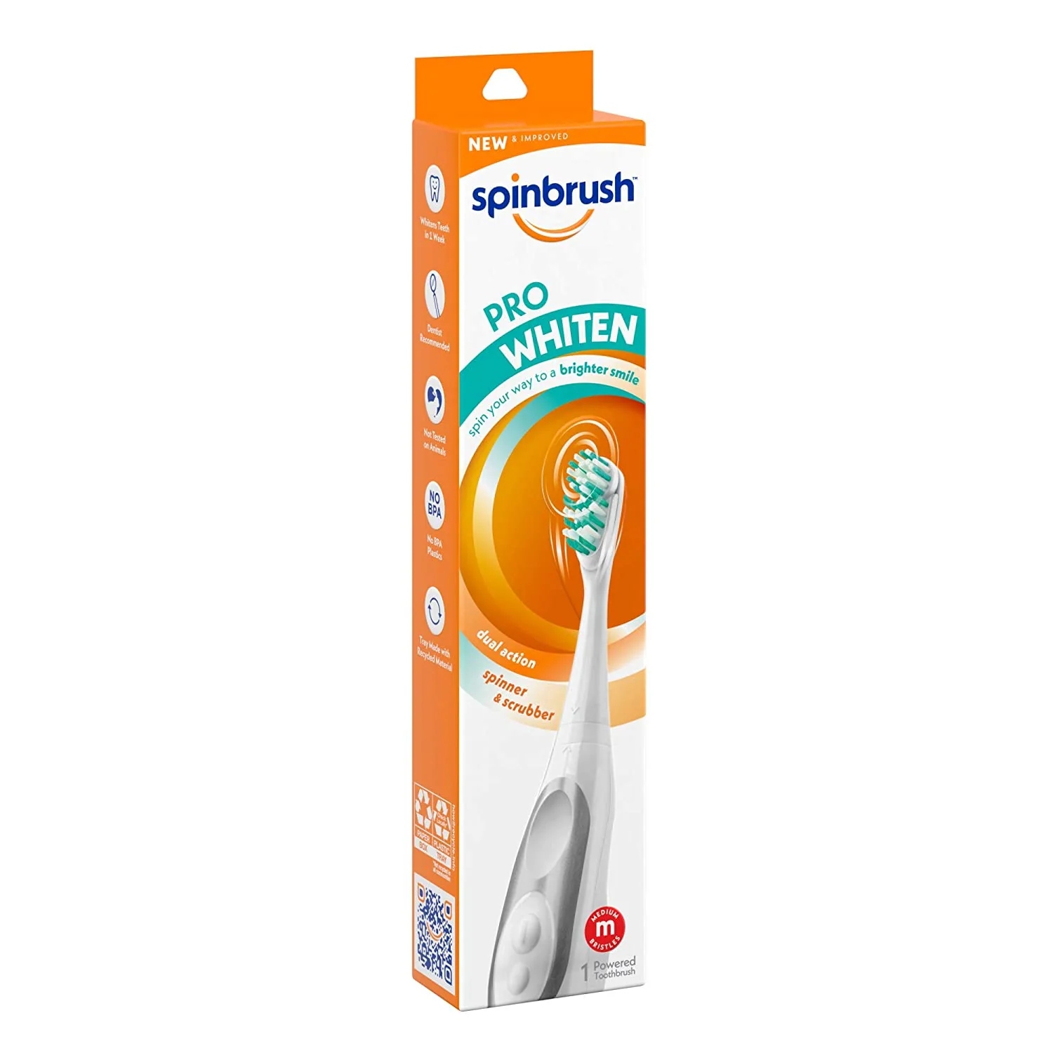 Arm & Hammer Spinbrush PRO White Battery-Operated Toothbrush, Medium - 1 unit, 2 AA batteries