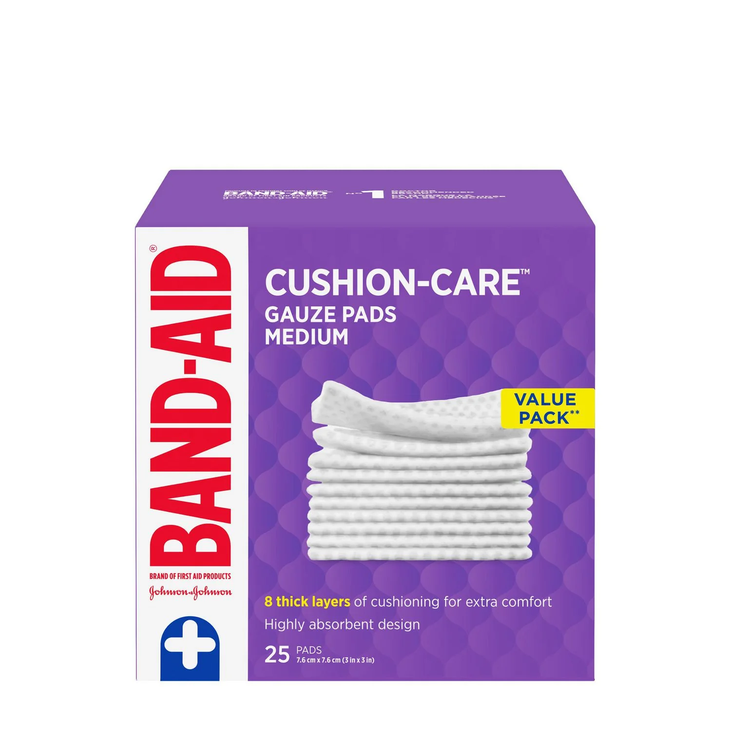Band-Aid Cushion-Care, Gauze Pads, Medium (7.6cm x 7.6cm) - 25 pads