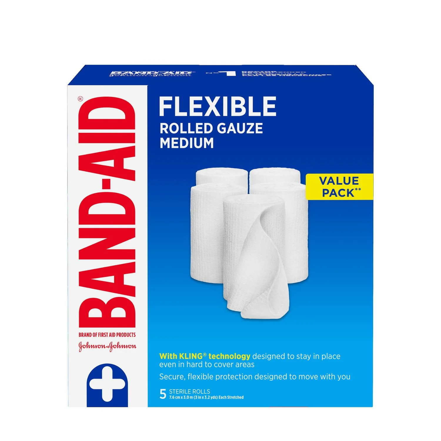 Band-Aid Flexible Rolled Gauze, Medium (7.6cm x 3.0m) - 5 sterile rolls