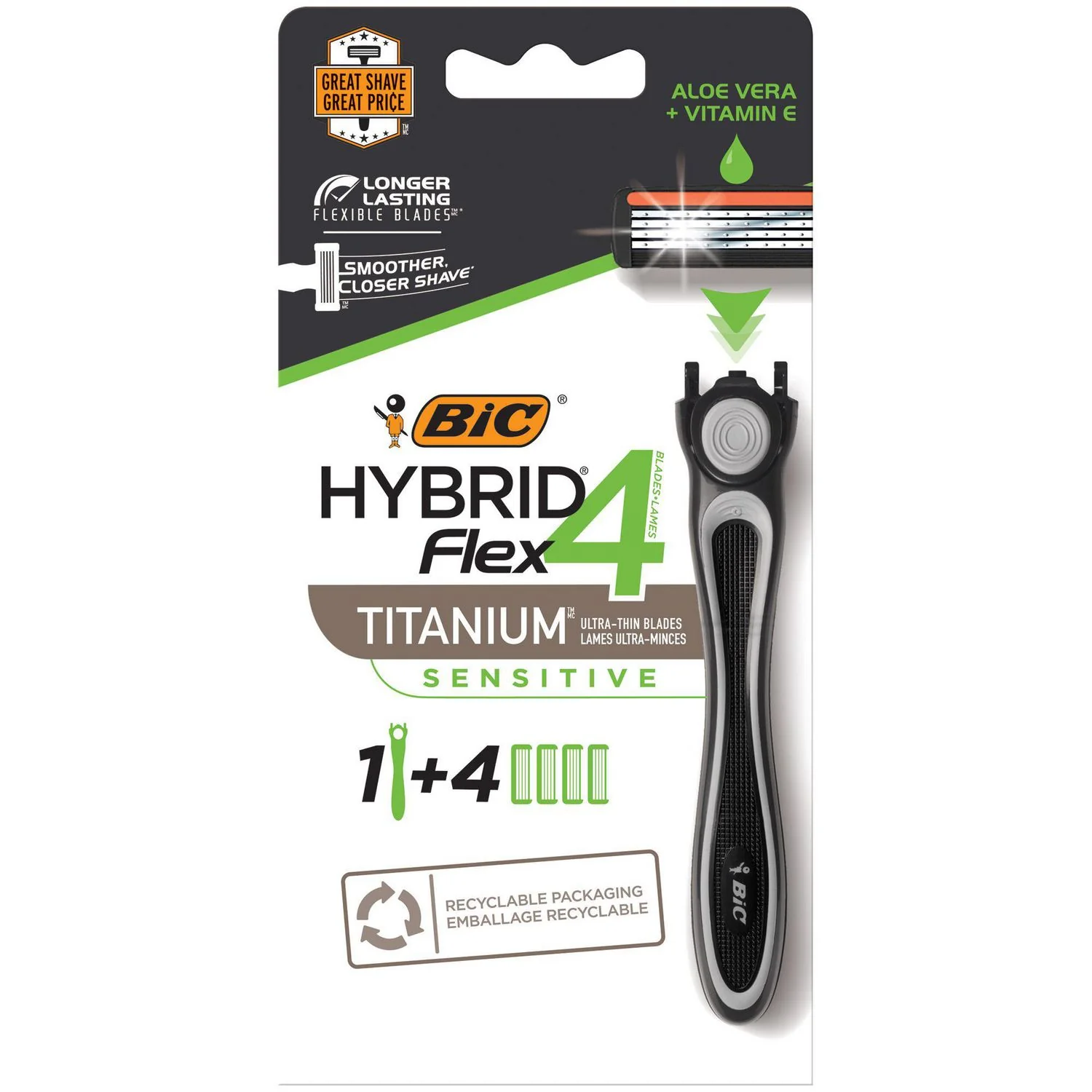 BIC Flex 4 Hybrid Disposable Men's Razor, 4-Blade, Sensitive - 1 handle, 4 cartridges