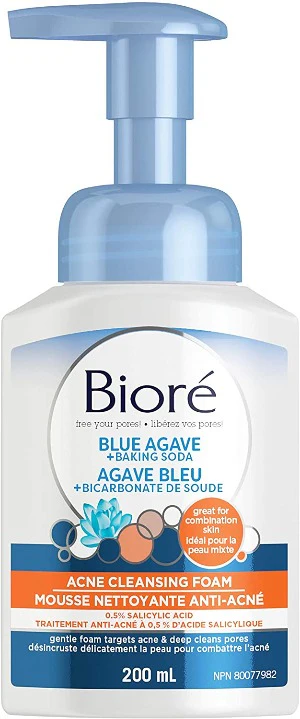 Biore  Acne Cleansing Foam, Blue Agave And Baking Soda, 0.5% Salicylic Acid, For Combination Skin - 200 mL