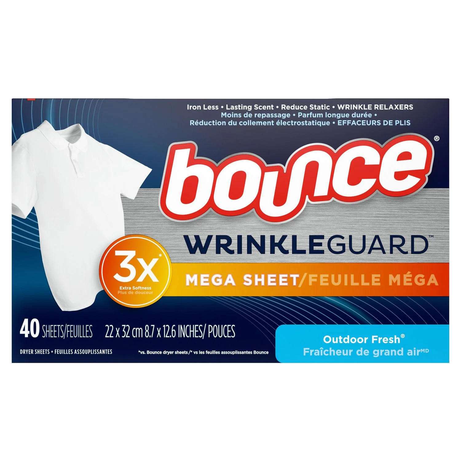 Bounce WrinkleGuard Mega Dryer Sheets, Fabric Softener, Outdoor Fresh - 40 sheets