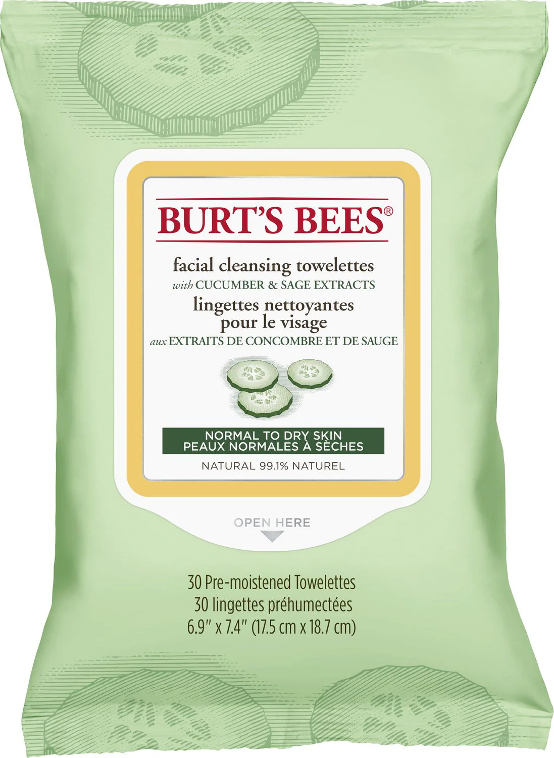 Burt’s Bees Facial Cleansing Towelettes, Cucumber and Sage - 30 pre-moistened towelettes