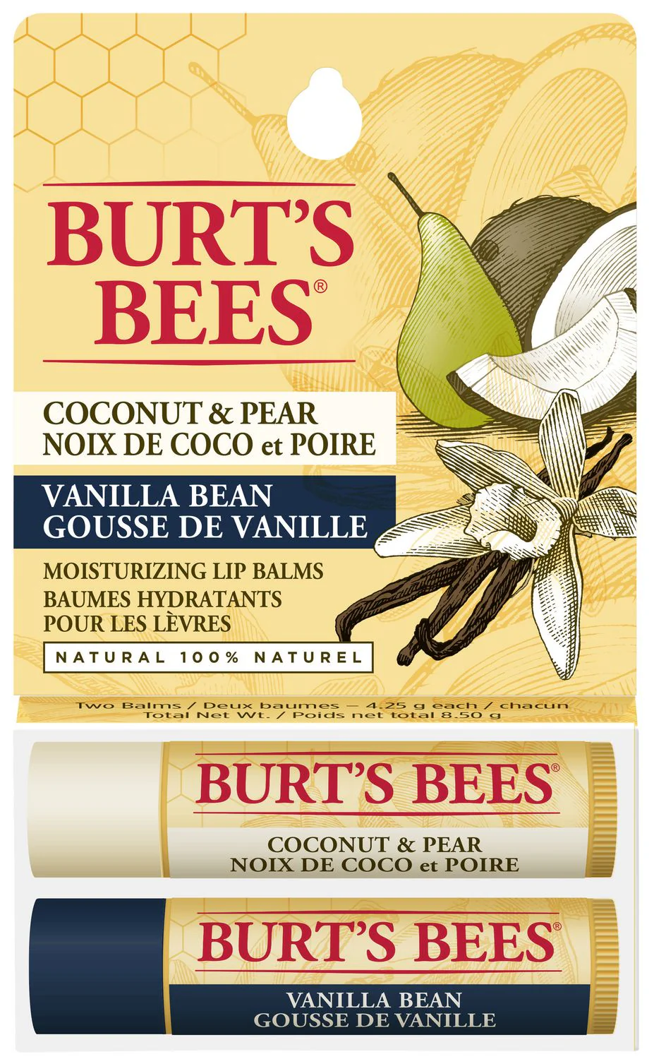 Burt's Bees 100% Natural Moisturizing Lip Balm, Coconut & Pear and Vanilla Bean - 2 sticks