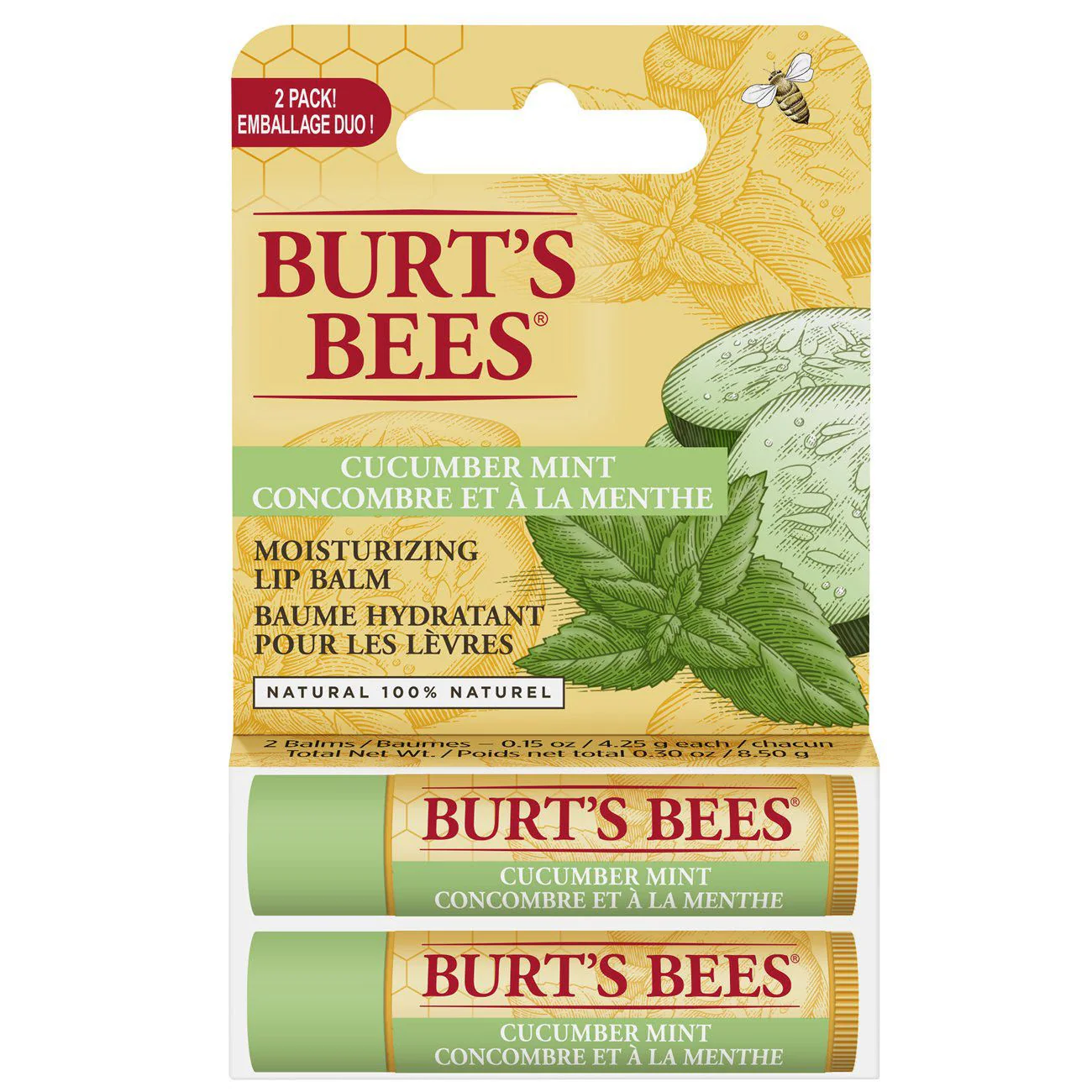 Burt's Bees Moisturizing Lip Balm, Natural 100%, Cucumber Mint, 2 Pack