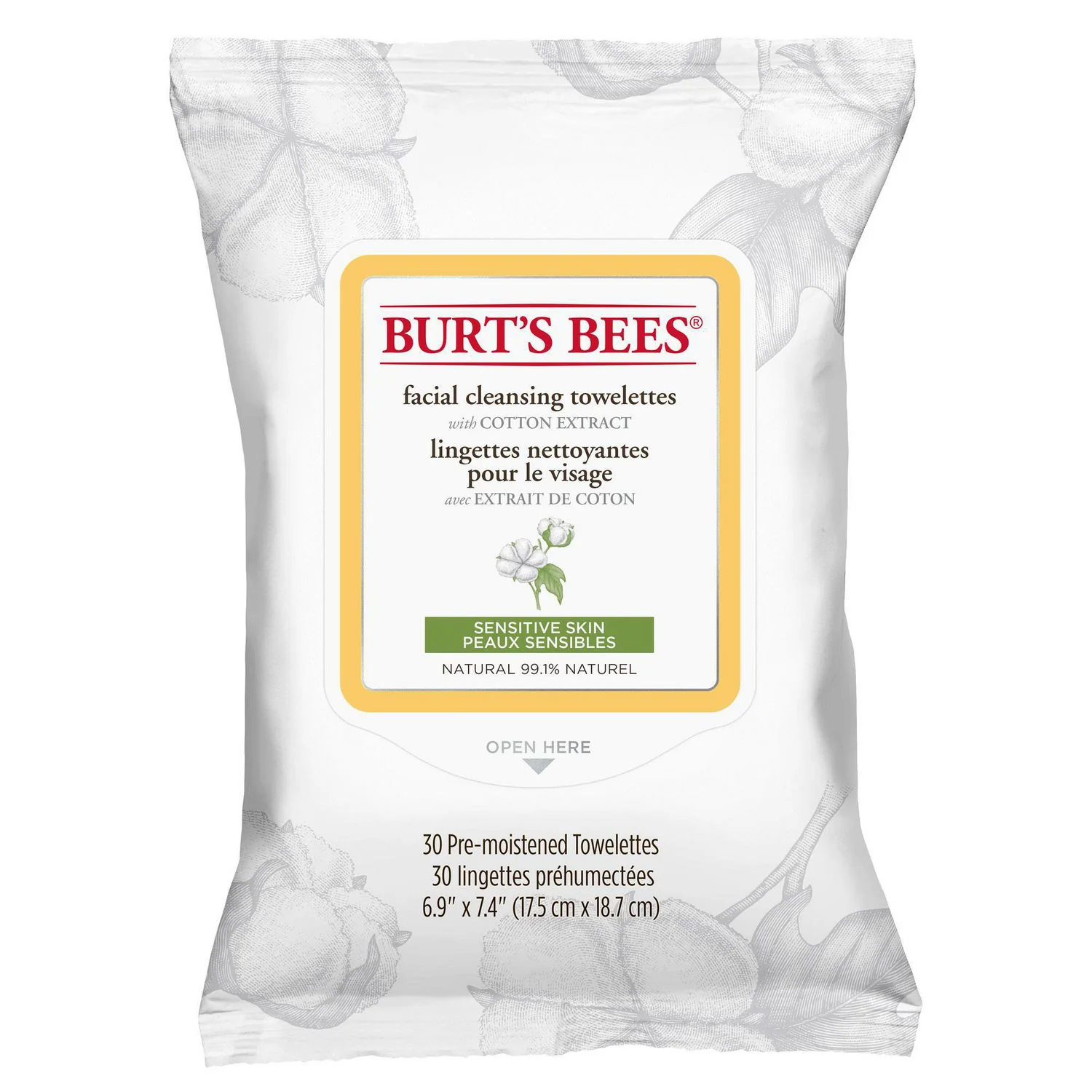 Burt's Bees Sensitive Facial Cleansing Towelettes with Cotton Extract - 30 pre-moistened towelettes