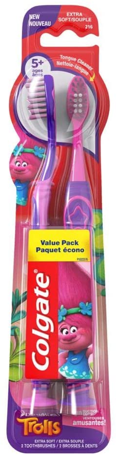Colgate Extra Soft Toothbrush, Trolls, With Suction Cups Ages 5+, Value Pack - 2 toothbrushes
