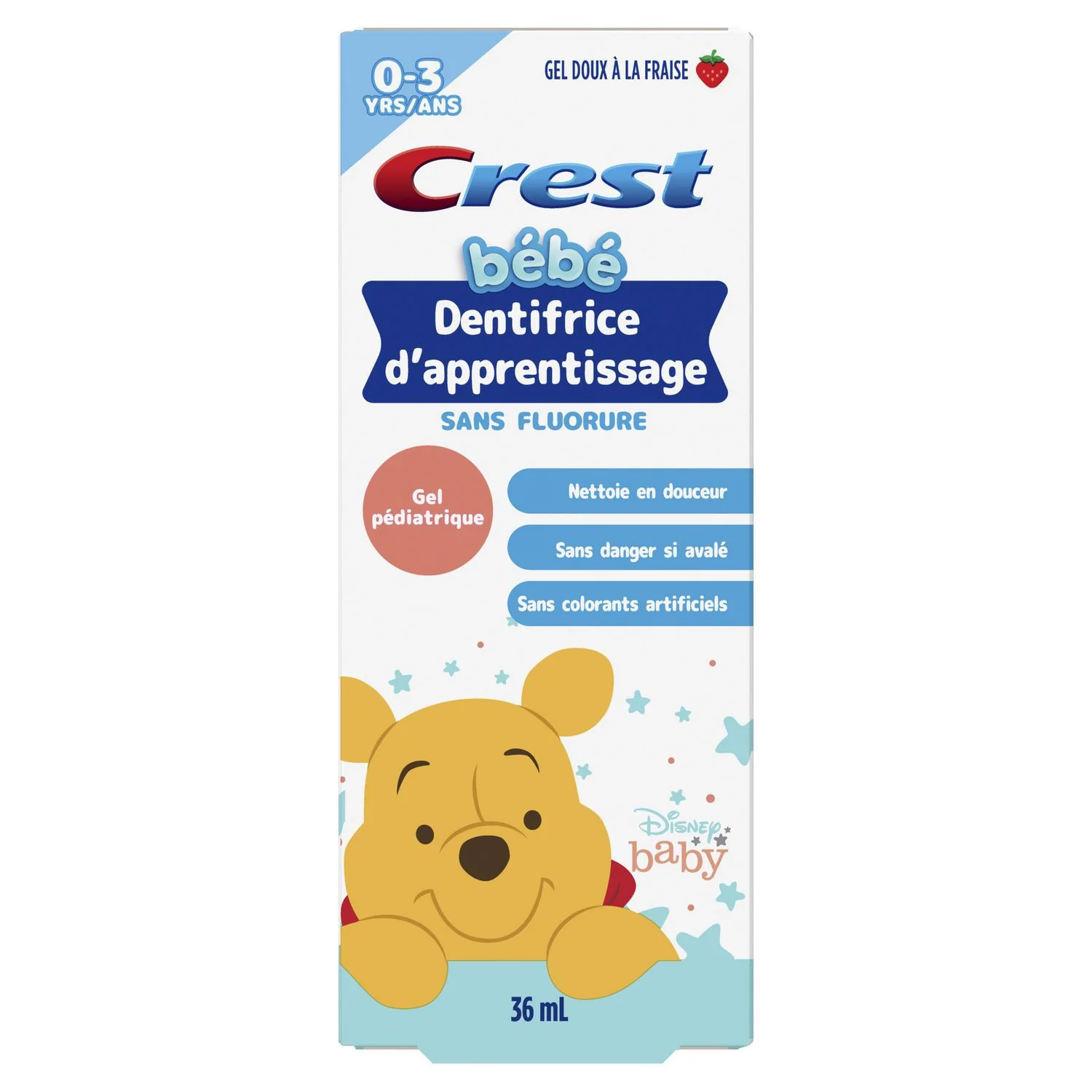 Crest Baby Training Toothpaste, Fluoride-Free, Pediatric Gel, 0-3 years, Disney Baby, Mild Strawberry Gel - 36 mL