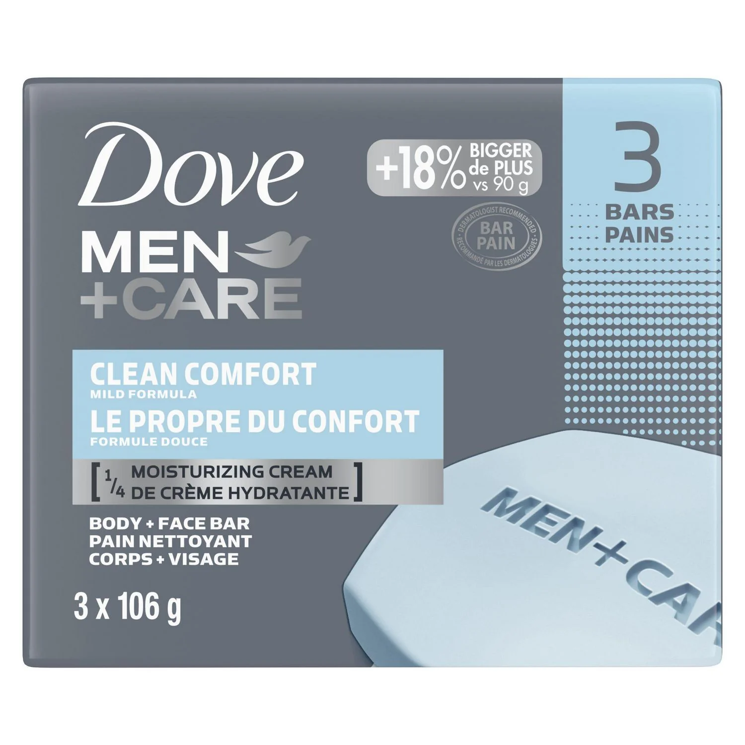Dove Men + Care 1/4 Moisturizing Cream, Body and Face Bar,  Clean Comfort, Mild Formula,  118 Percent Bigger, 3 Bars - 106 g each