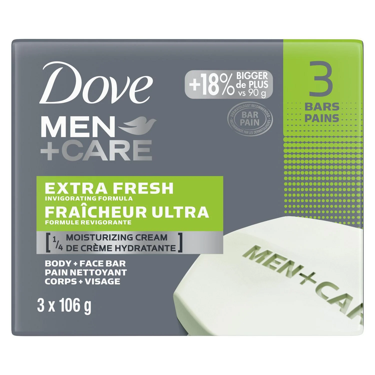 Dove Men + Care 1/4 Moisturizing Cream, Body and Face Bar,  Extra Fresh, Invigorating Formula,  118 Percent Bigger, 3 Bars - 106 g each