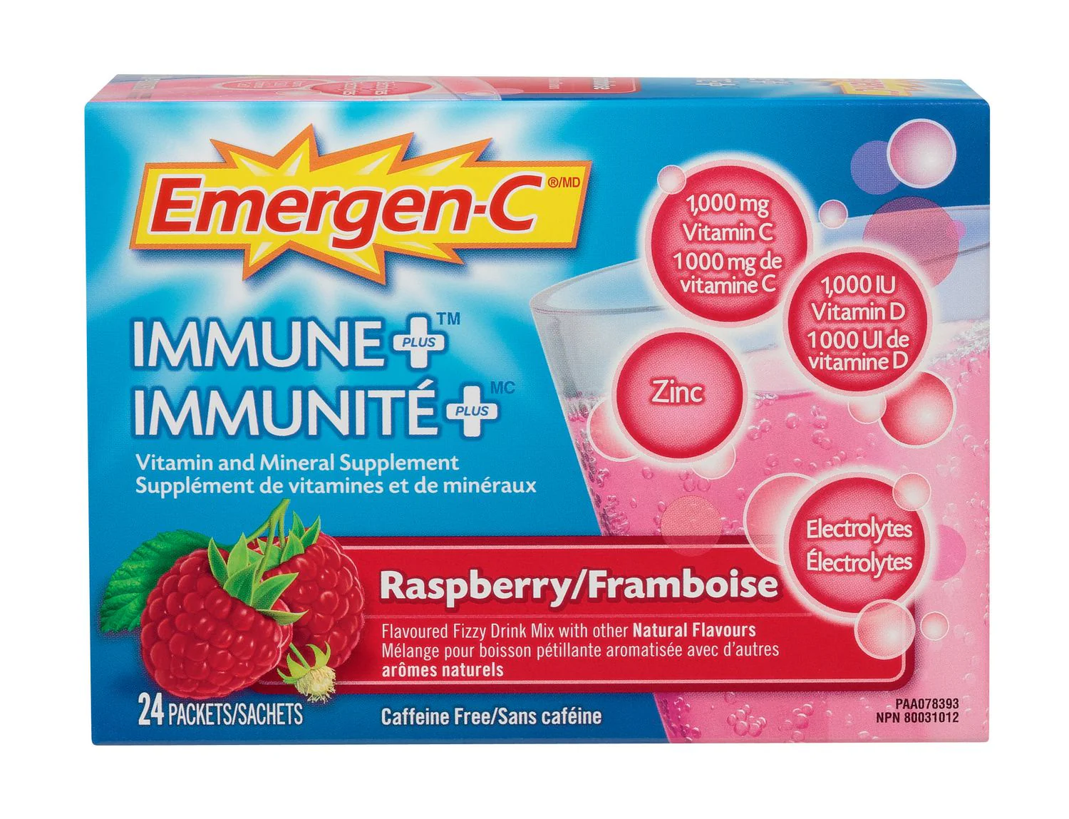 Emergen-C Immune + Vitamin & Mineral Supplement, Raspberry - 24 packets