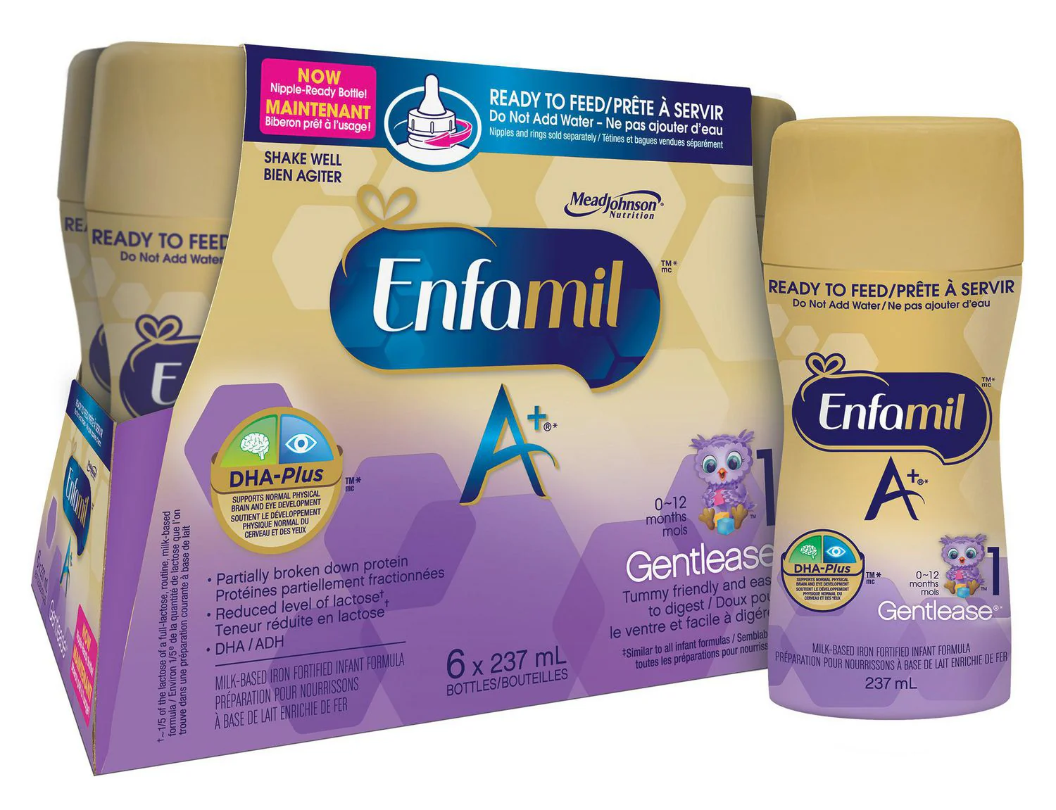 Enfamil A+ Gentlease 1 (0-12 months) Infant Formula, Nipple-Ready, Ready-to-Feed Bottles - 237 ml each