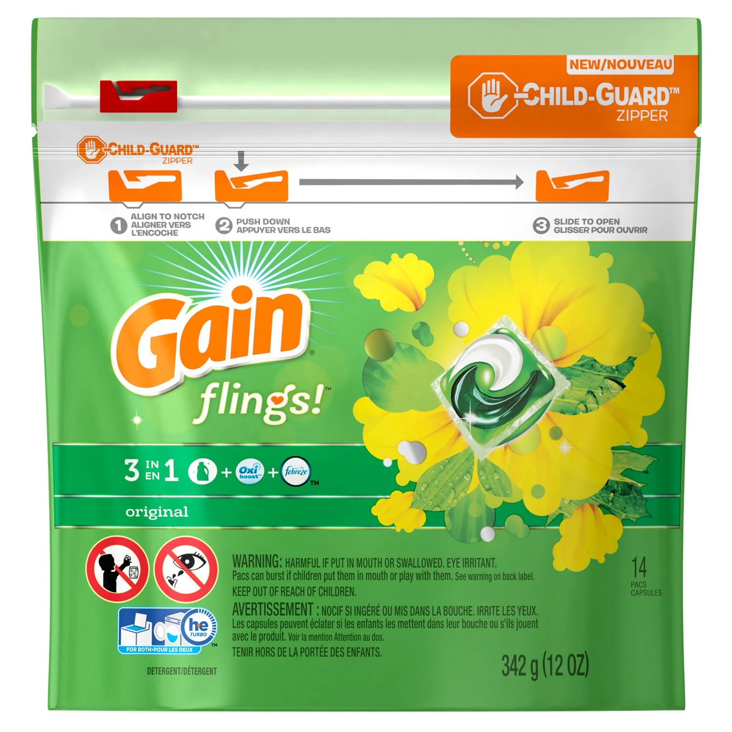 Gain Flings Detergent, 3 in 1, 14 Pacs, Original - 342 g