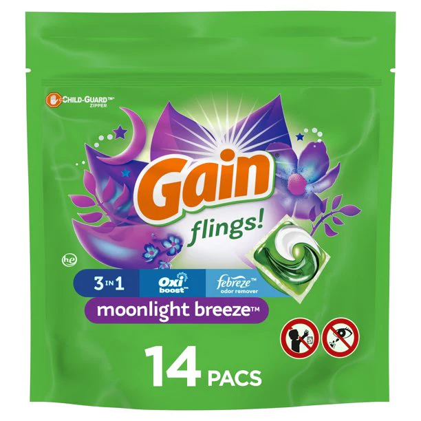 Gain Flings Detergent, 3 in 1 Oxiboost, Febreze odour remover, 14 Pacs, Moonlight Breeze - 296g