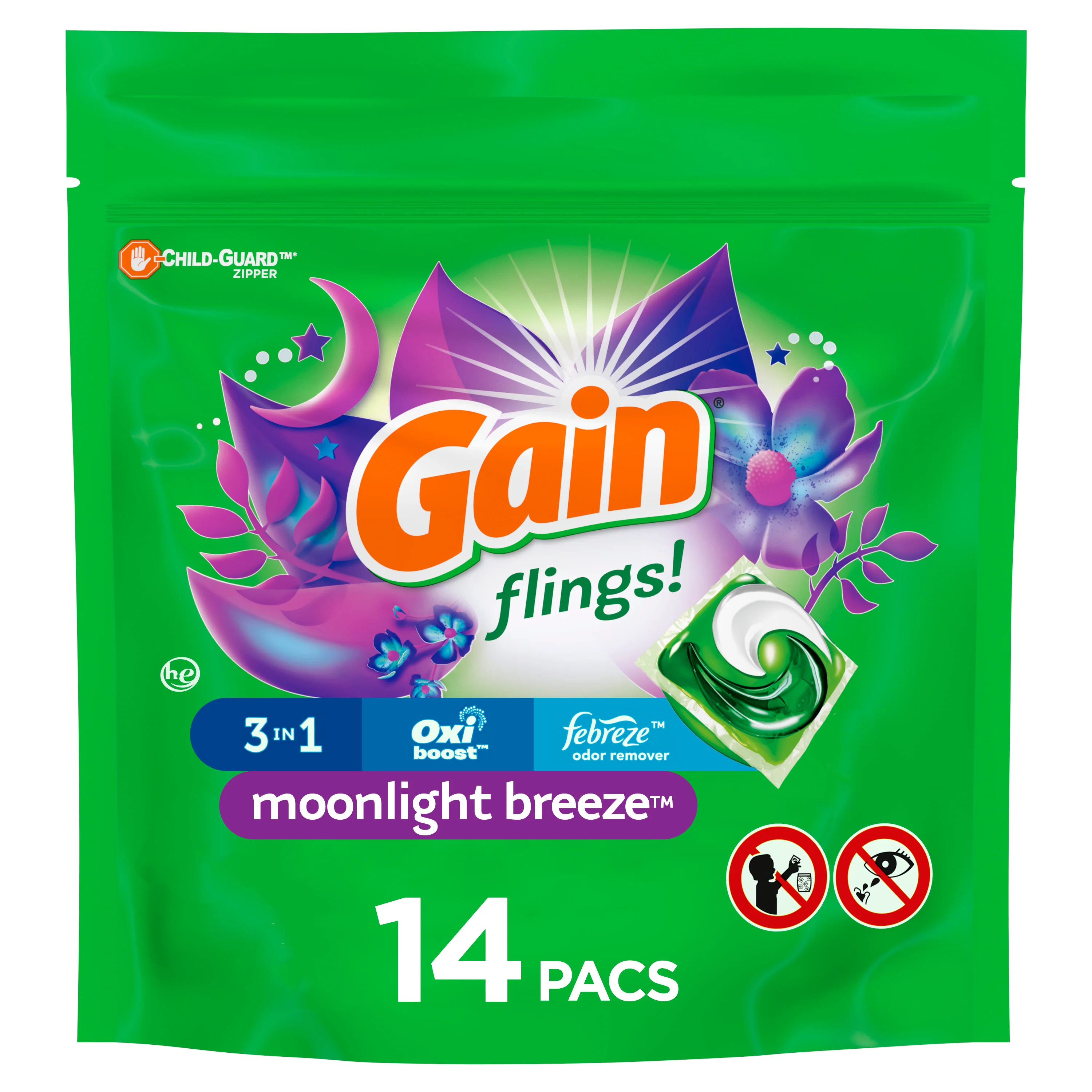 Gain Flings Liquid Laundry Detergent, Moonlight Breeze, HE - 14 pacs