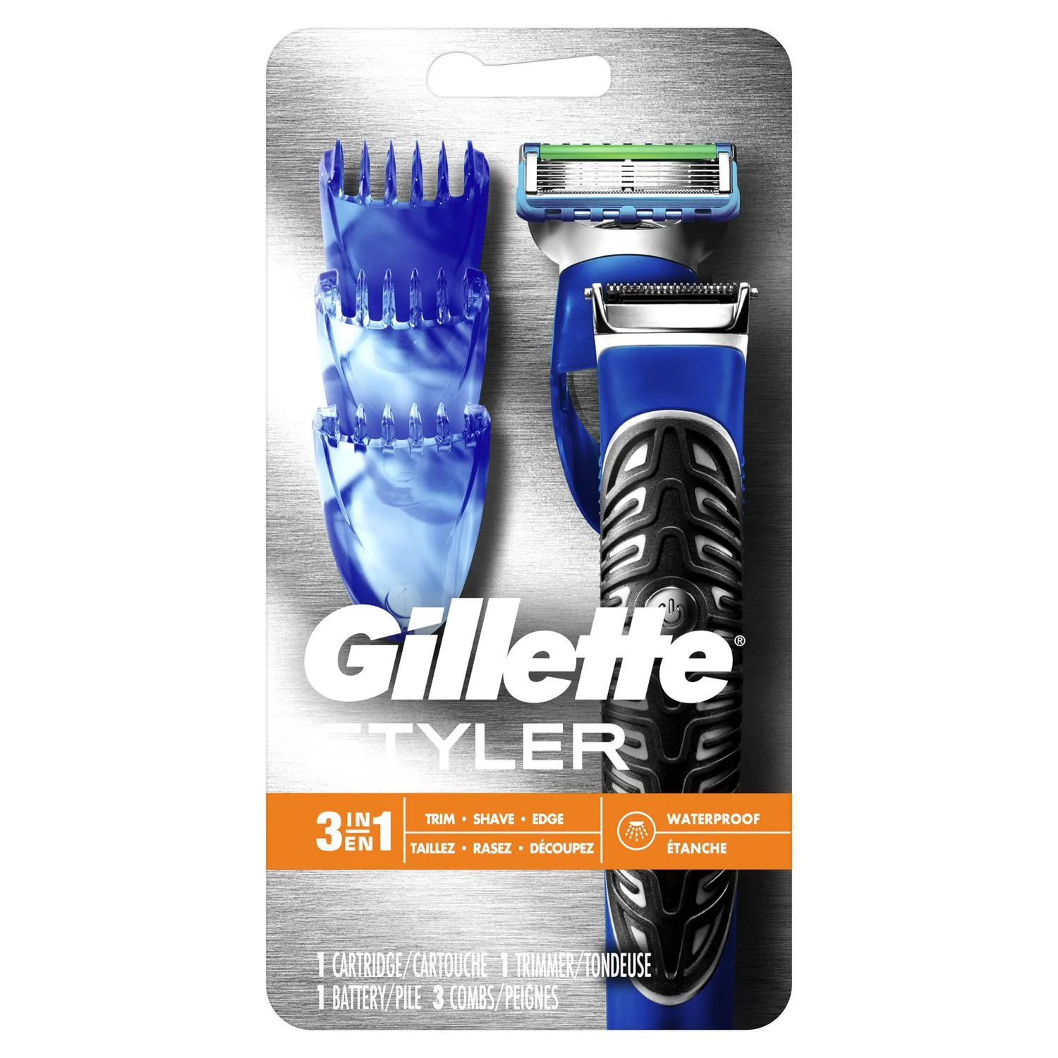 Gillette Styler, 3-in-1: Trim, Shave, Edge - 1 cartridge, 1 trimmer, 1 battery, 3 combs