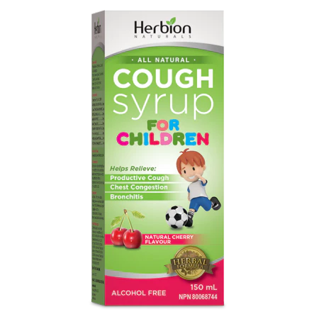 Herbion Naturals All Natural Cough Syrup For Children, Helps Relieve Productive Cough, Chest Congestion, Bronchitis, Natural Cherry, Alcohol-Free, Natural Cherry Flavour - 150 mL