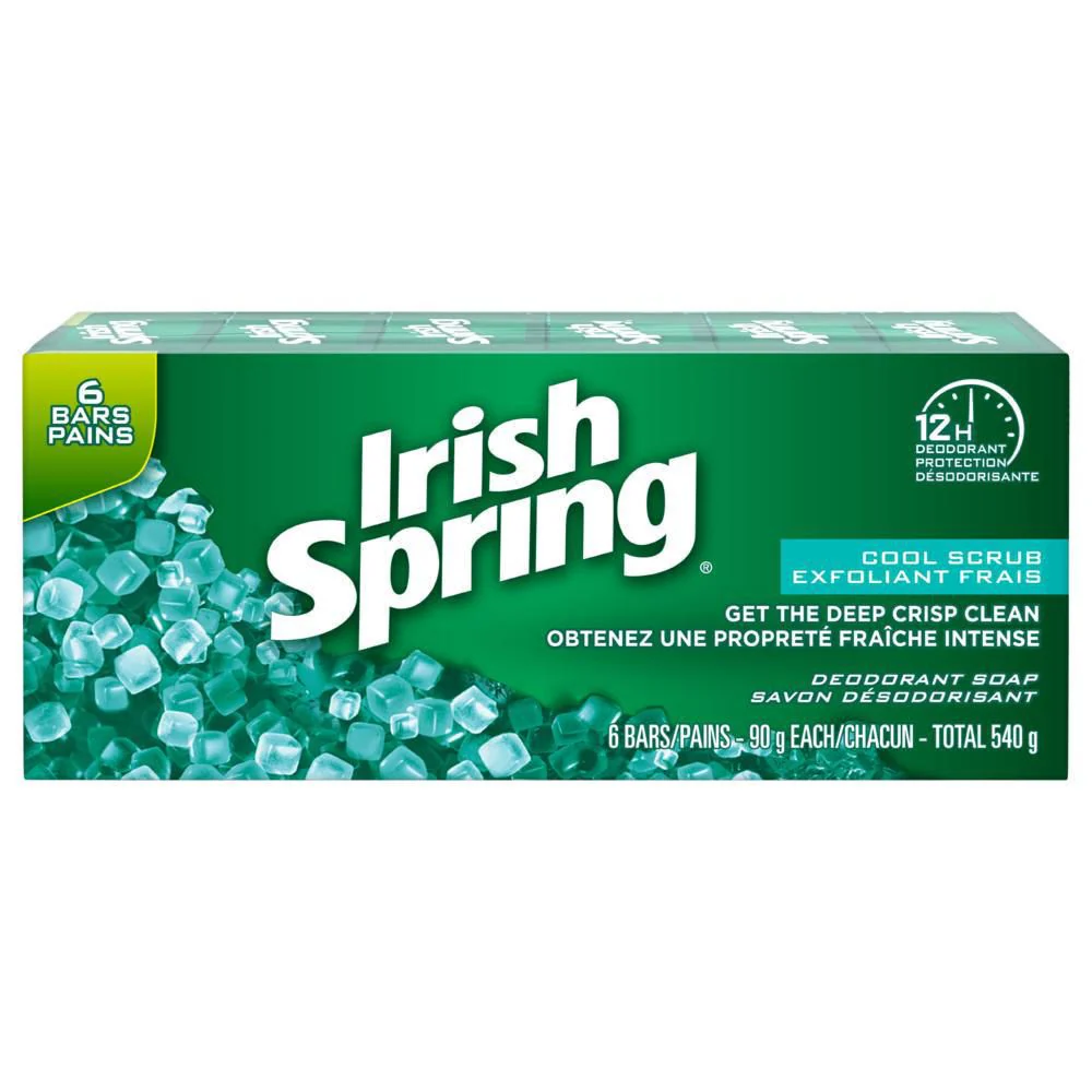 Irish Spring Deodorant Soap, 12H Deodorant Protection, Cool Scrub, 6 Bars - 90g each