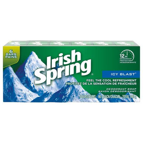 Irish Spring Deodorant Soap, 12H Deodorant Protection, Icy Blast,  6 Bars - 90g each