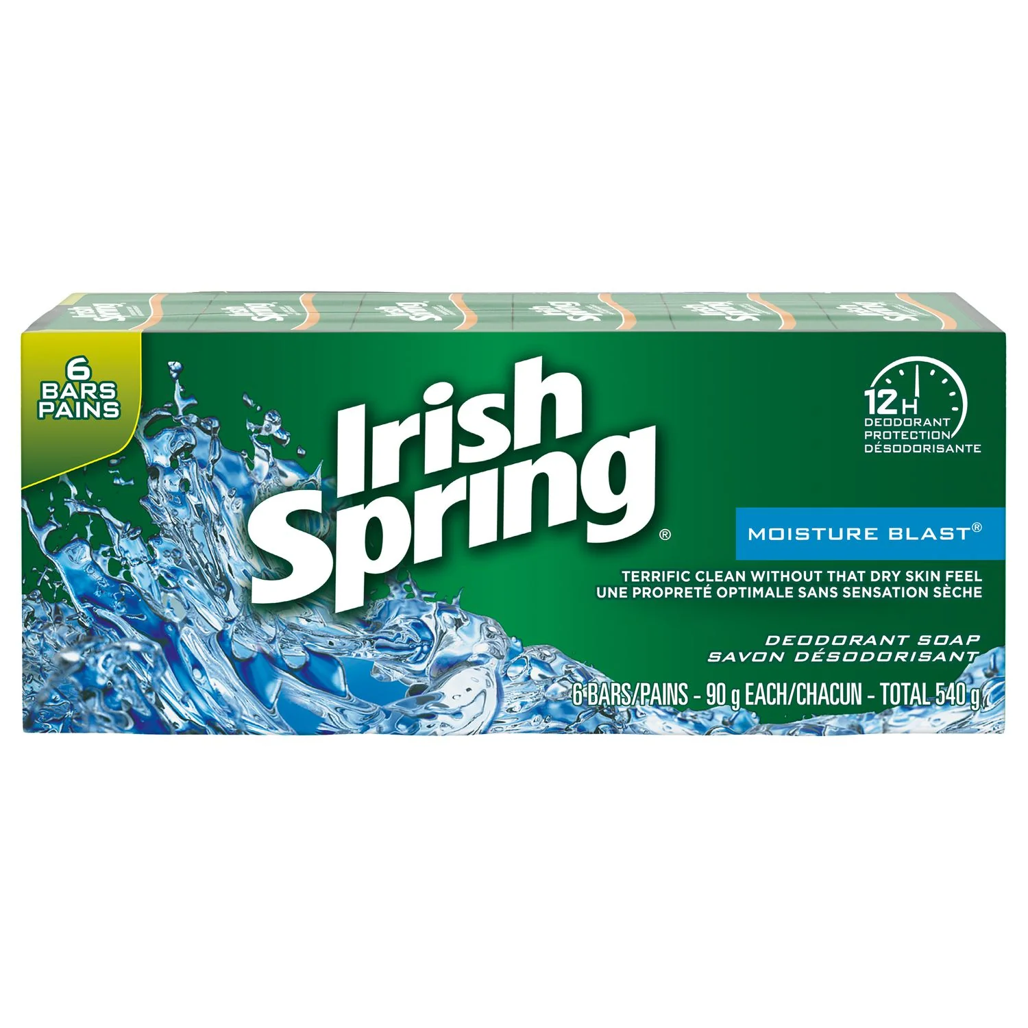 Irish Spring Deodorant Soap, 12H Deodorant Protection, Moisture Blast, 6 Bars - 90g each