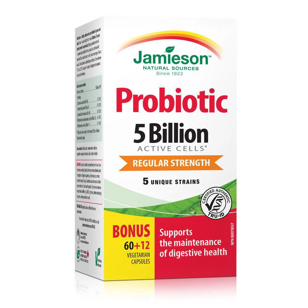Jamieson Probiotic 5 Billion Active Cells, Regular Strength, 5 Unique Strains - 72 capsules