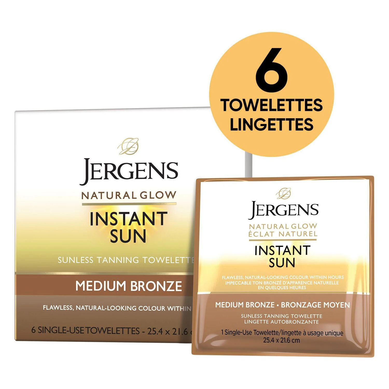 Jergens Natural Glow Instant Sun Towelettes, Medium Bronze Shade - 6 towelettes