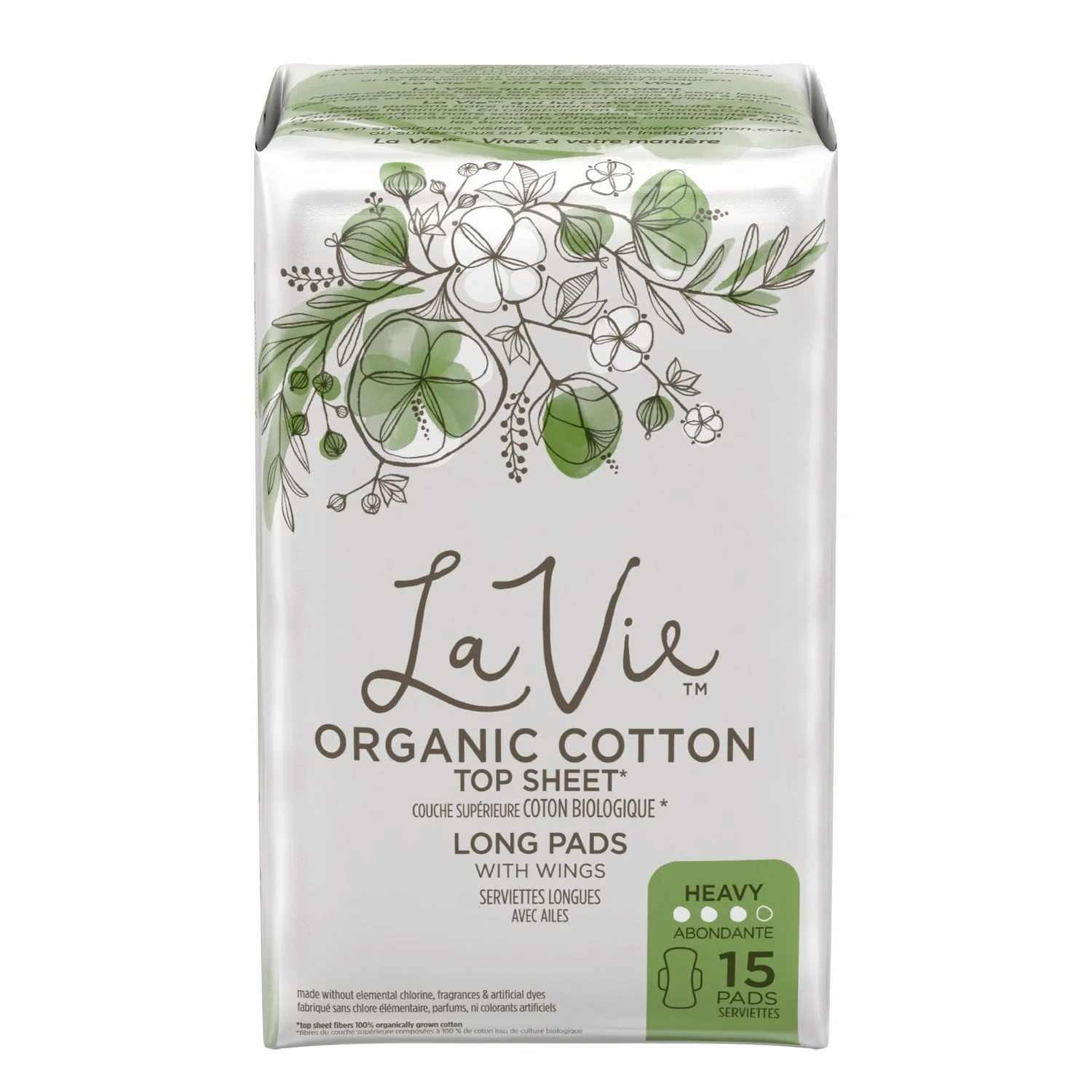 La Vie Organic Cotton Long Pads with Wings for Heavy Flow - 15 pads