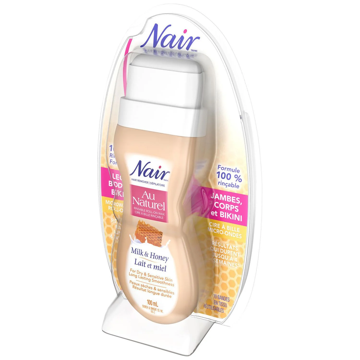 Nair Hair Remover Au Naturel, Rinsable Roll-On Wax for Dry & Sensitive Skin, Milk & Honey - 100 ml