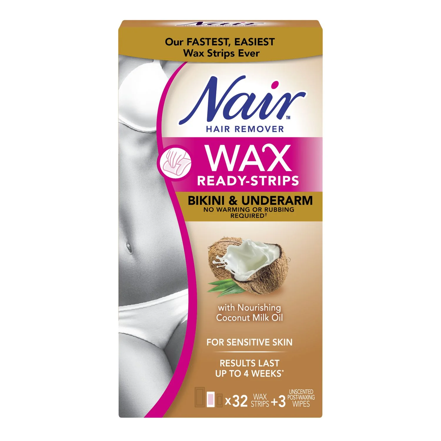 Nair Hair Remover Wax Ready Strips for Sensitive Skin with Coconut Milk Oil - 32 wax strips, 3 unscented post-waxing wipes