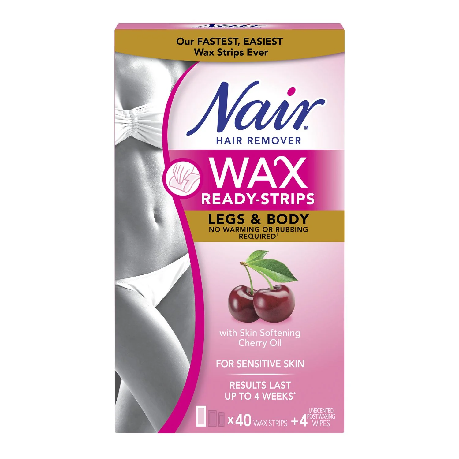 Nair Hair Remover, Wax Ready Strips for Sensitive Skin with Skin Softening Cherry Oil - 40 wax strips, 4 unscented post-waxing wipes