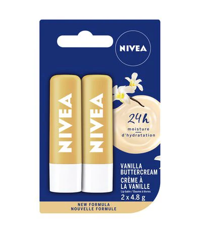 Nivea 24-Hour Moisture Lip Balm Sticks, Duo Pack, Vanilla Buttercream - 9.6 g
