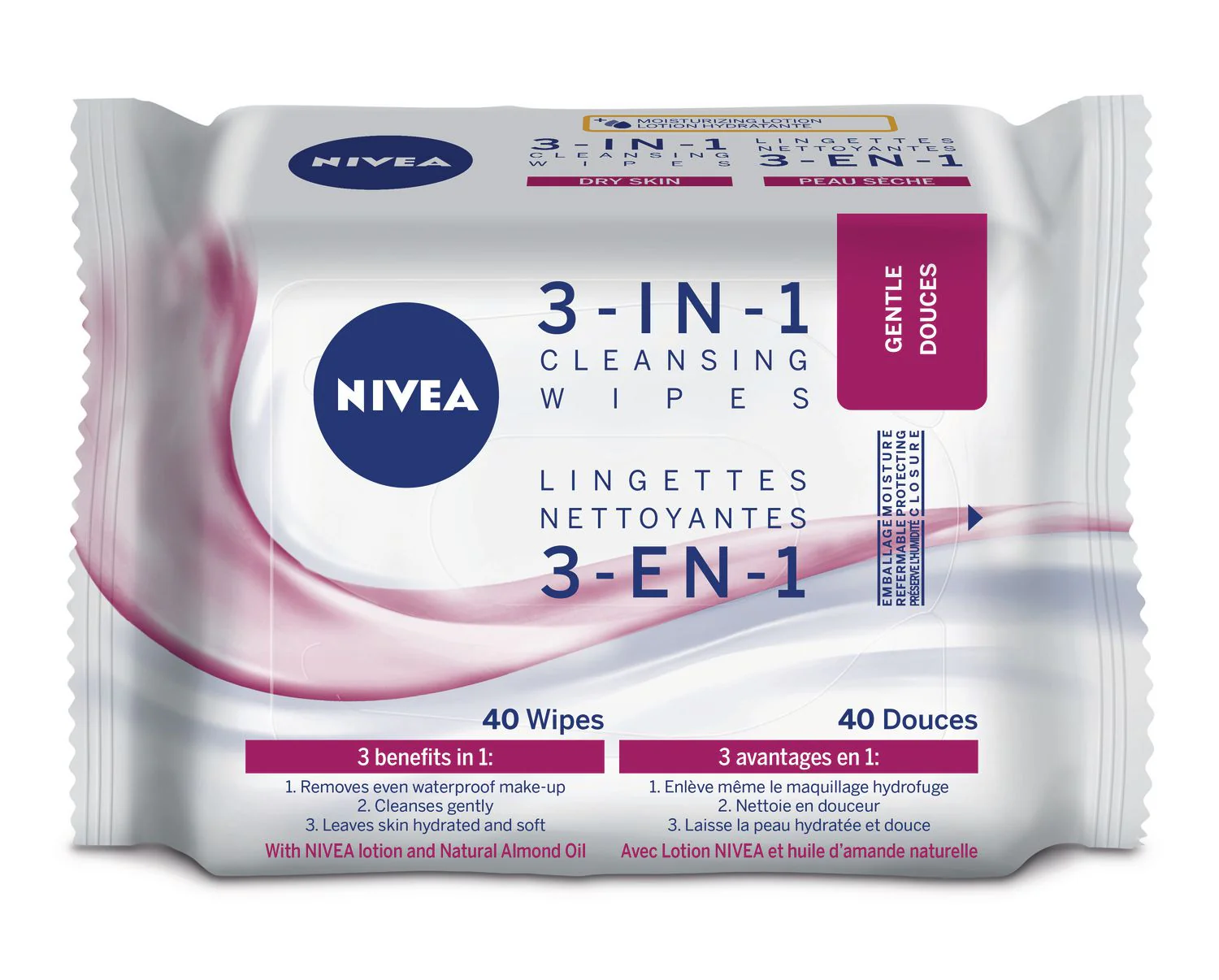 Nivea 3 In 1 Cleansing Wipes, Gentle - 40 wipes