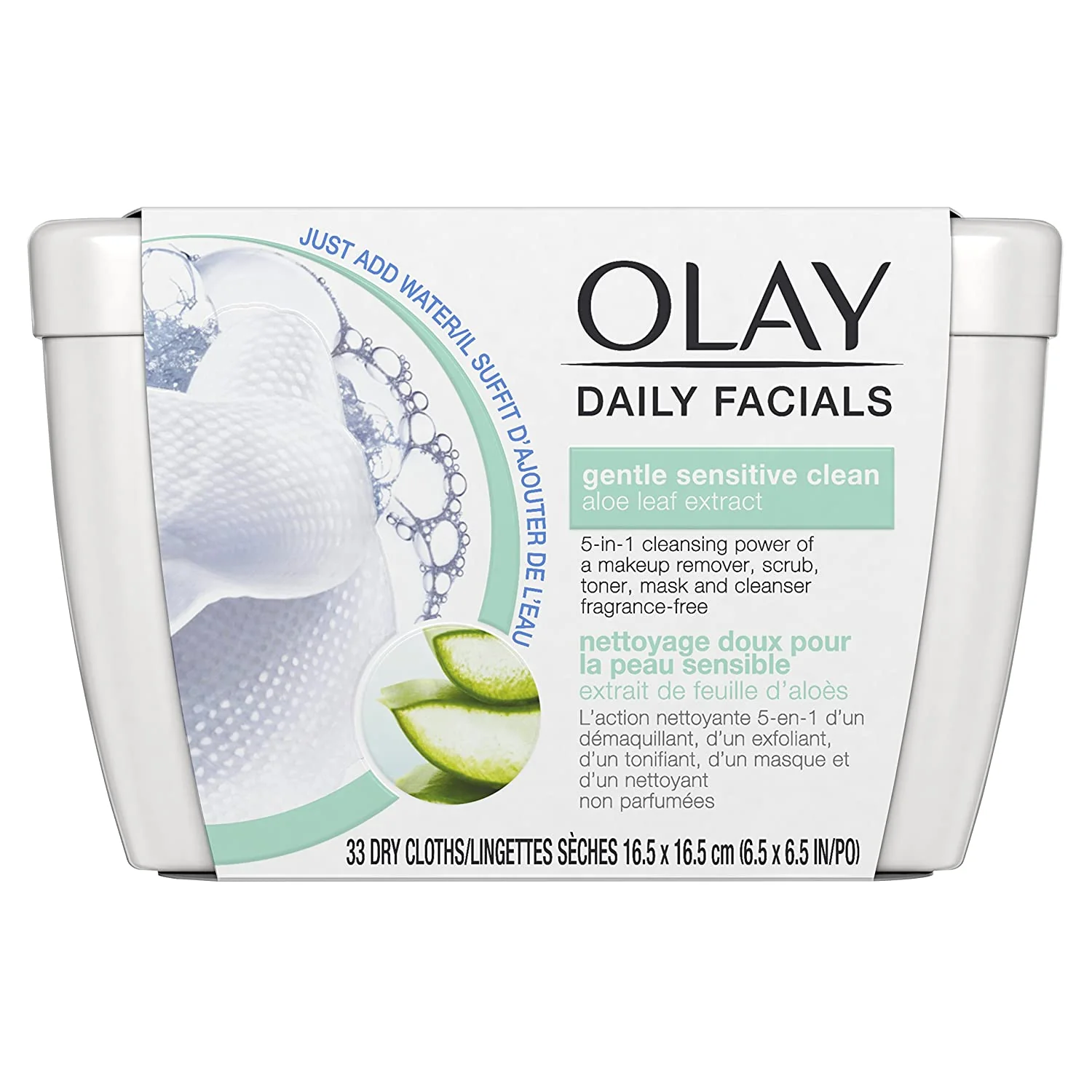 Olay Daily Facials Water-Activated Dry Cloths, 5 IN 1 Clean, Gentle Sensitive Clean, Aloe Leaf Extract - 33 Dry Cloths