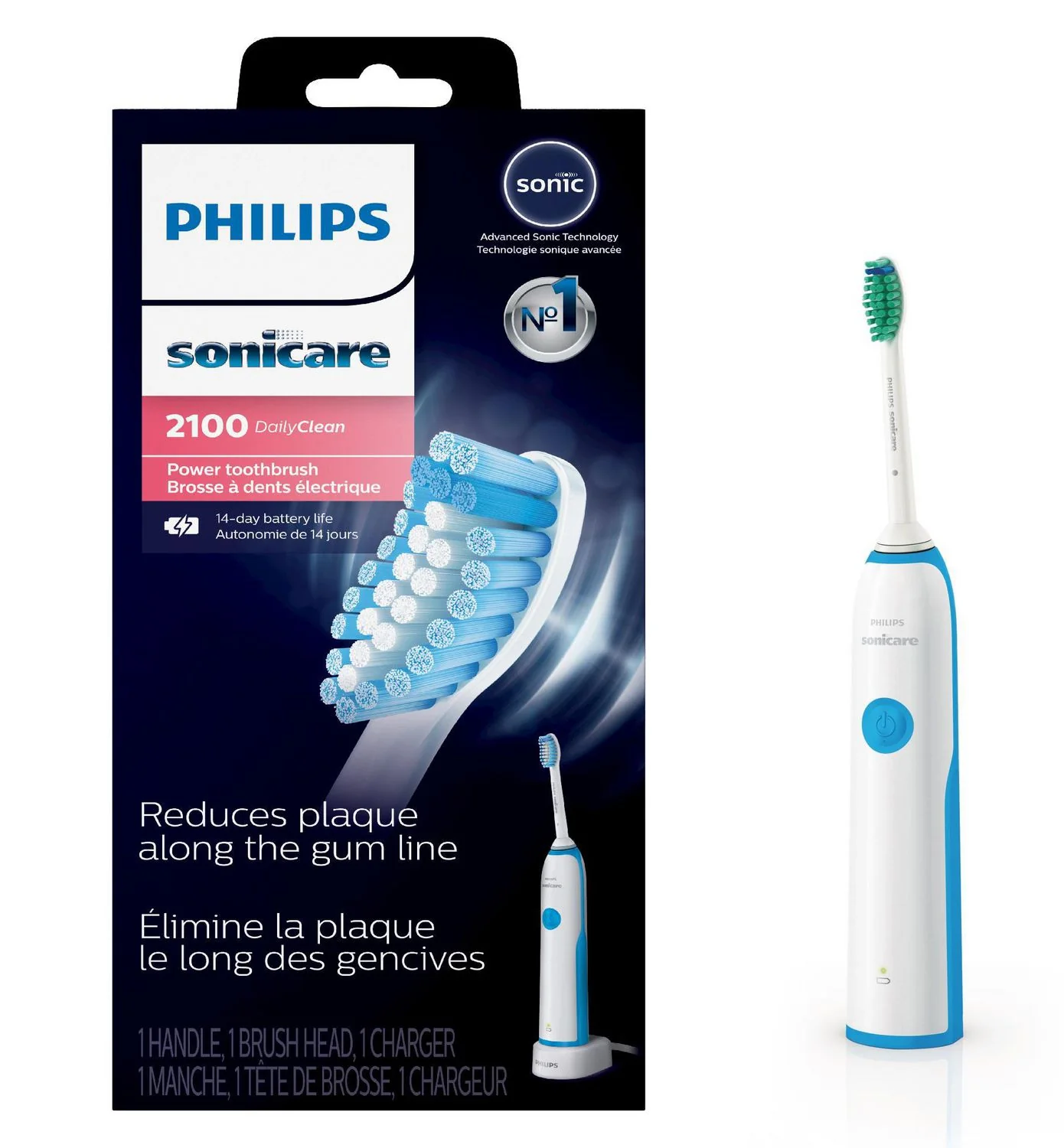 Philips Sonicare DailyClean Clean 2100 Sensitive Rechargeable Electric Toothbrush - 1 handle, 1 charger, 1 brush head